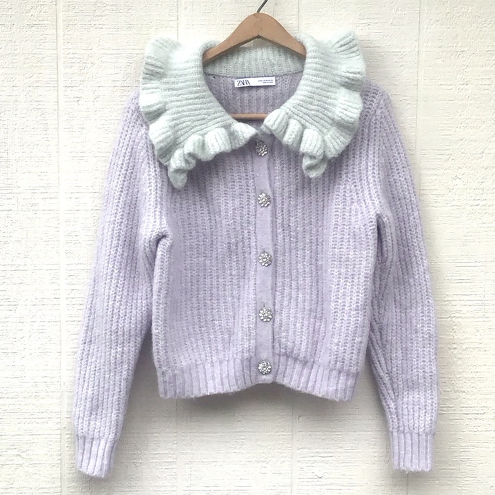 Zara Light Purple green knit bib lapel Ruffled Collar jewel buttons Cardigan